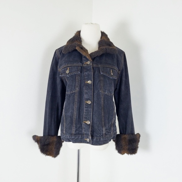 Y2K Denim Jacket Fur Lined Collar Button Up Down Long Sleeve Dark Wash - Picture 2 of 14